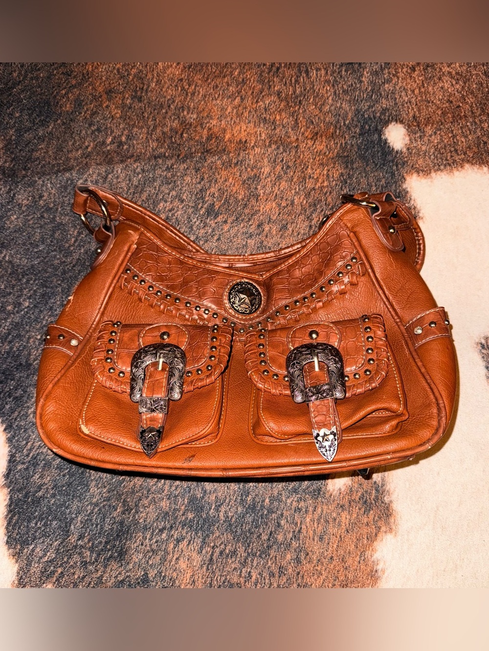 Montana West Stud-Embellished Tan Leather Shoulder Bag, Wallet, Checkbook Cover
